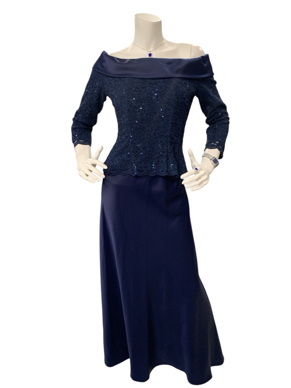 Navy Off-Shoulder Lace & Satin Maxi Dress